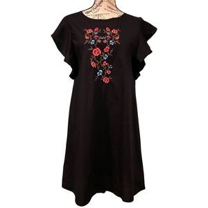 Potter's Pot Black Mini Dress with Red and Blue Floral Embroidery